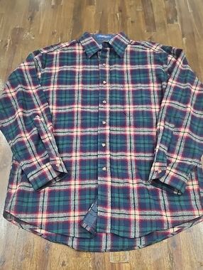 Pendleton Green Red and Cream Plaid 100% Virgin Wool Button-Down Shirt